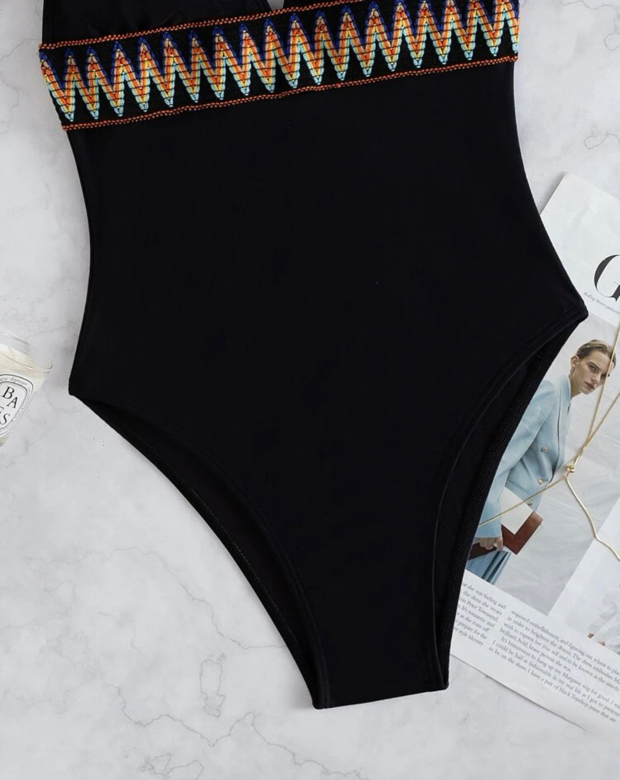 Geo tape plunging one piece swimsuit