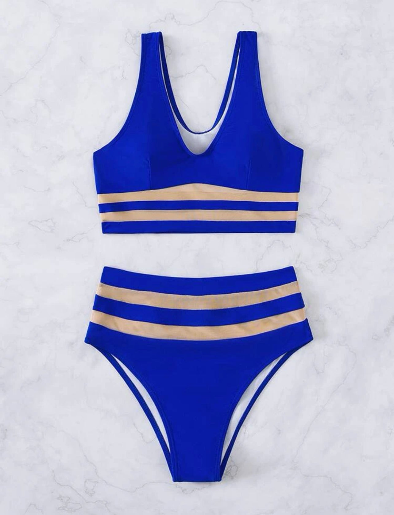 Solid Contrast Mesh Bikini Swimsuit