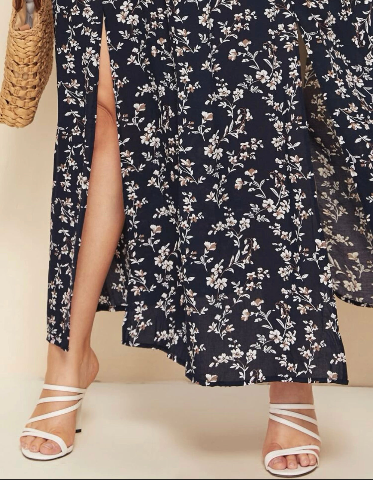 Curve & plus off shoulder shirred split ditsy floral dress