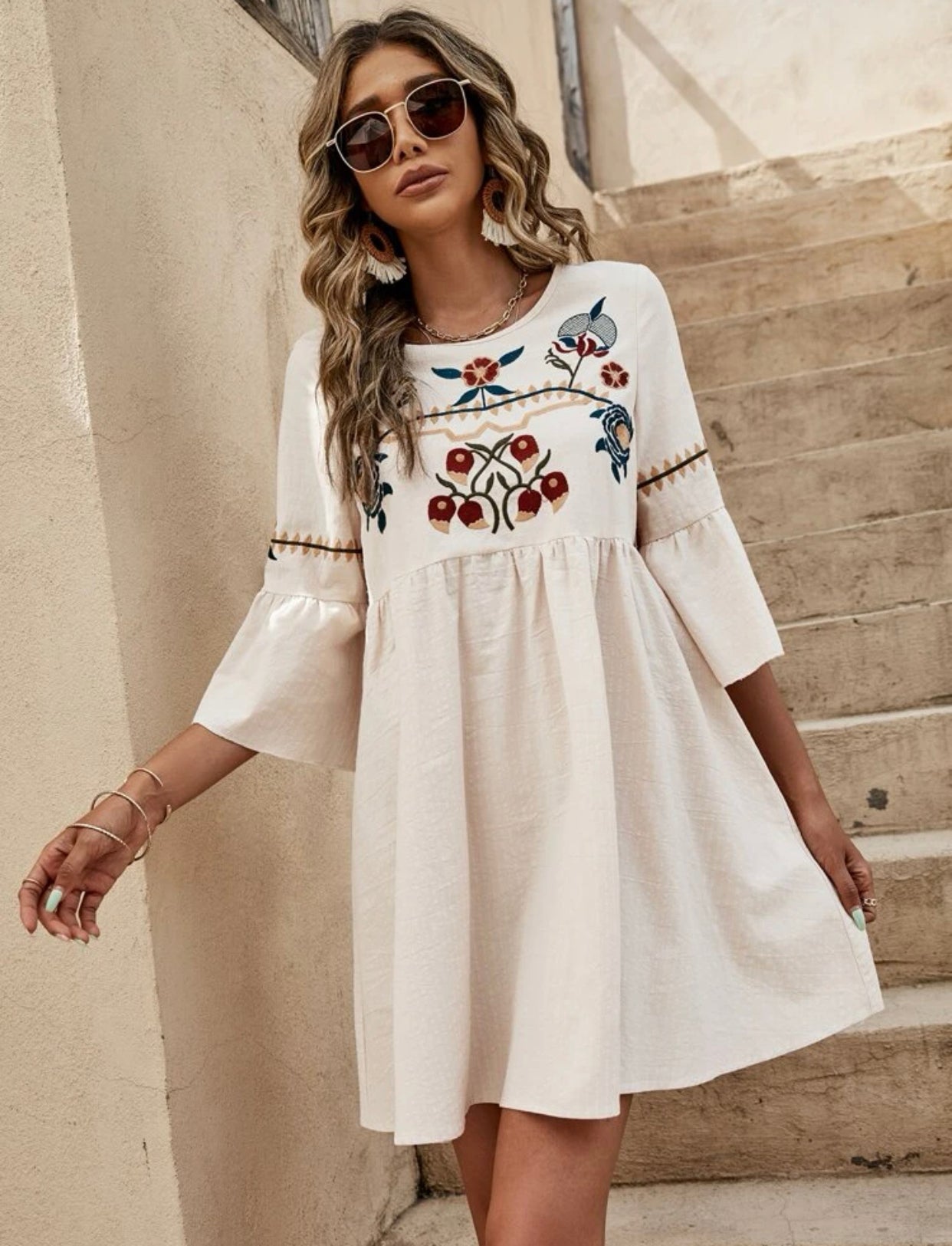Floral embroidered trumpet sleeve smock dress