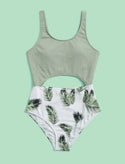 Teen Girls Plant Print Cut Out One Piece Swimsuit