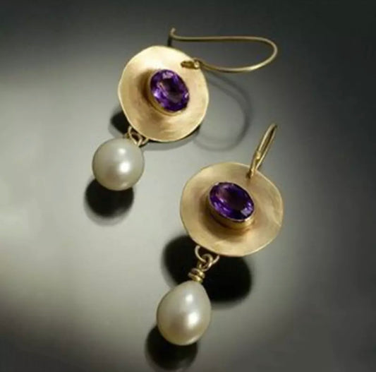 Purple crystal pearl decor drop earrings