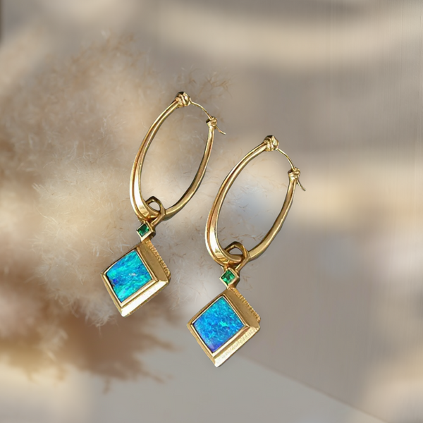 Blue Opal gold coated hoop dangle earrings