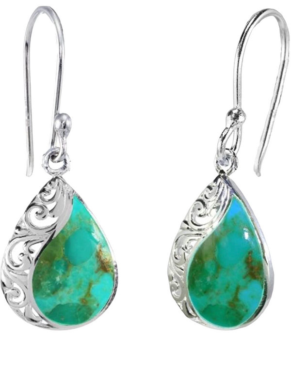 Sterling Silver Abalone or Simulated Turquoise Polished Filigree Teardrop Dangle Earrings