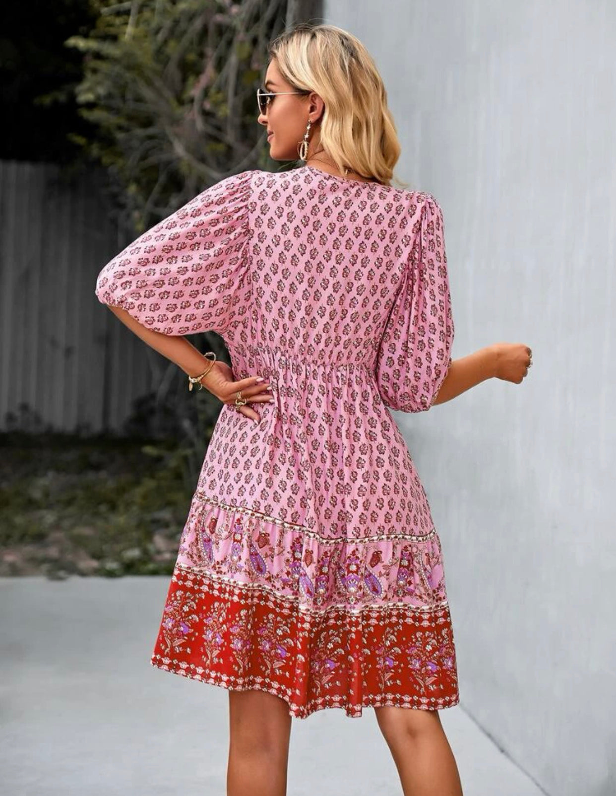 Paisley & floral print tie neck ruffle hem dress