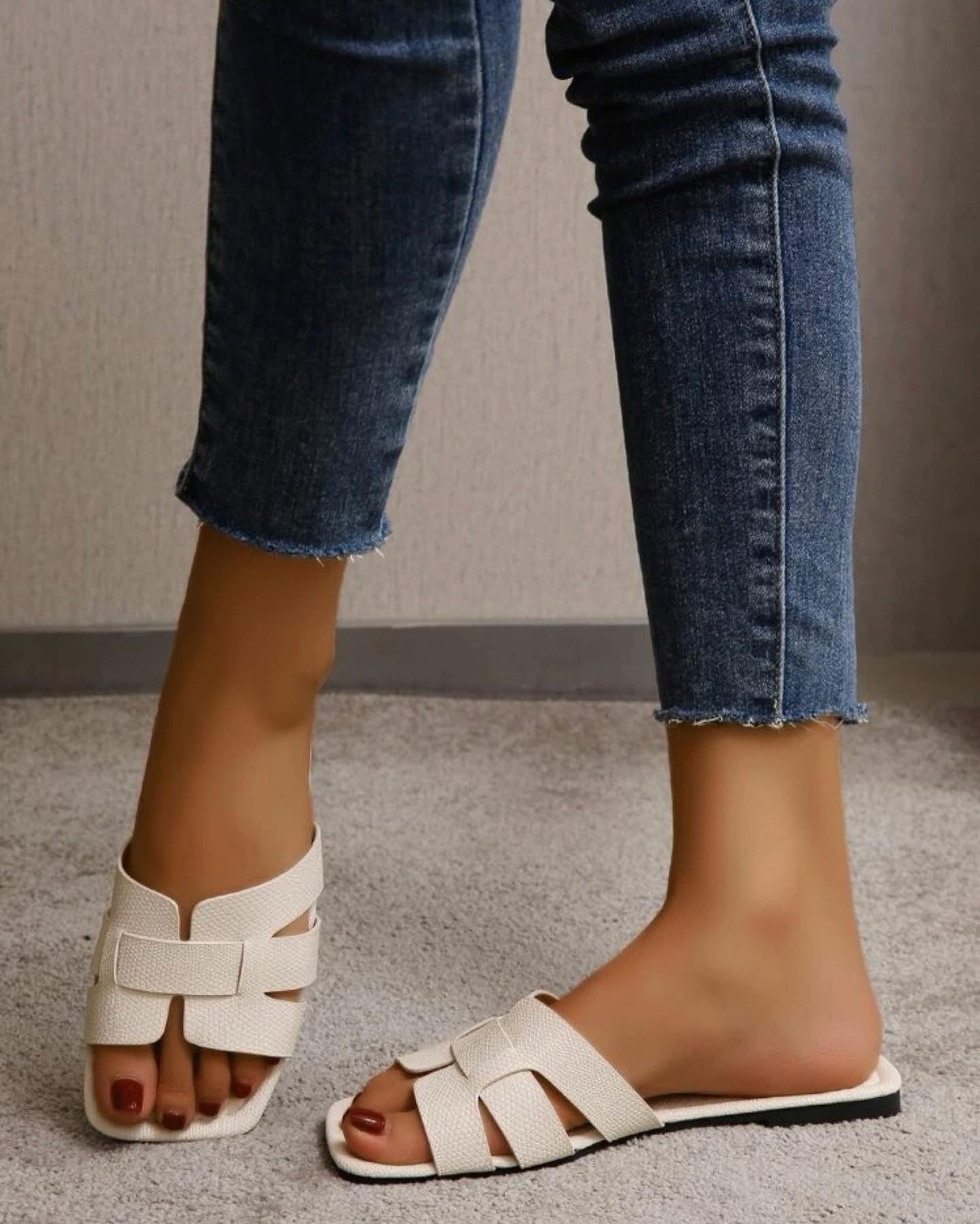 White cut out detail flat slide sandals
