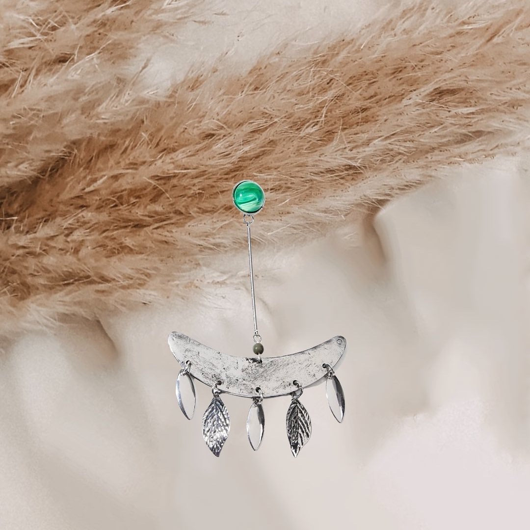 Lightweight, antique silver, eye catching, green, malachite inspired drop earrings