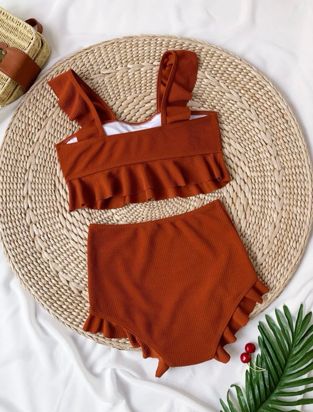 Rust brown ruffle trim high waisted bikini swimsuit