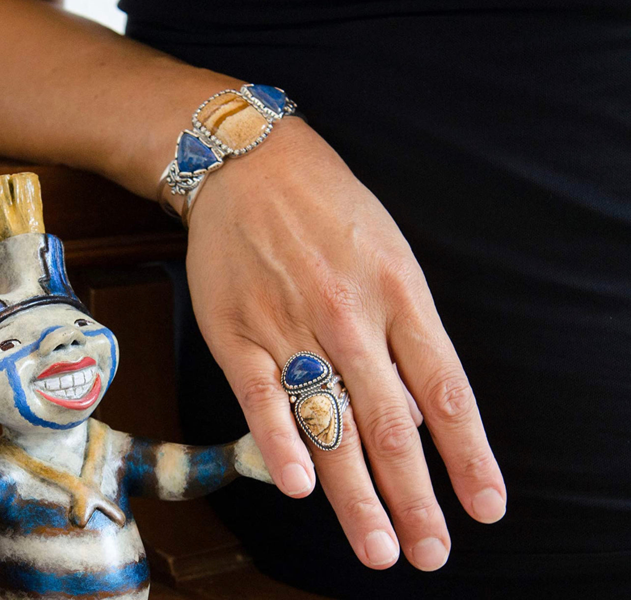 Sterling Silver Picture Jasper and Denim Lapis Ring Size 5 to 10