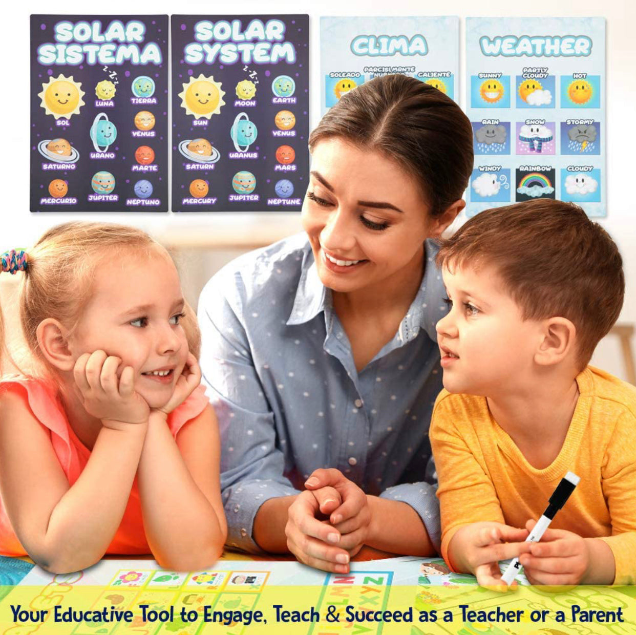 Kid’s Preschool Educational Poster Set, 38 Pc, Bilingual English/Spanish