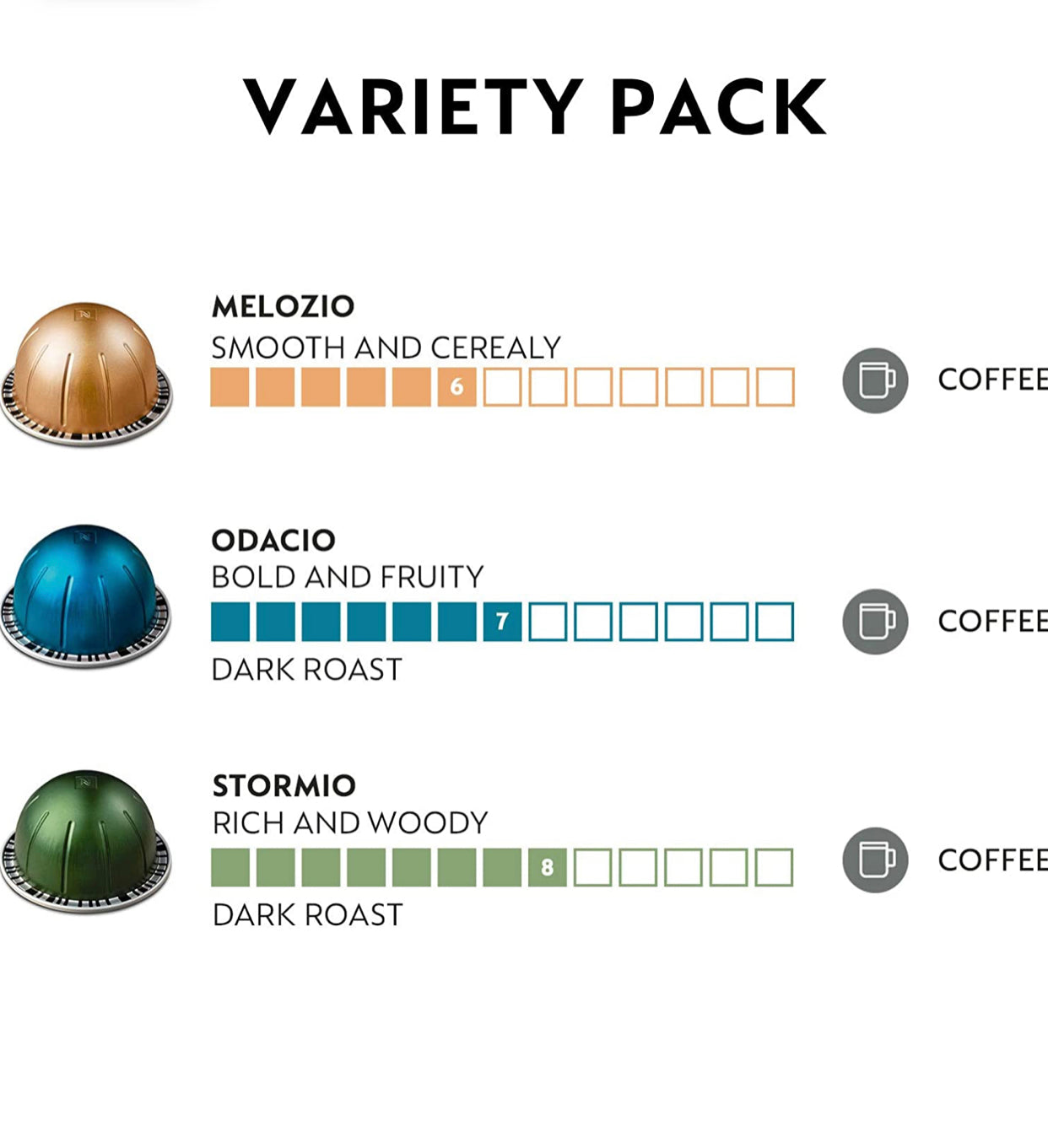 Nespresso Capsules VertuoLine, Medium and Dark Roast Coffee, Variety Pack, Stormio, Odacio, Melozio, 30 Count, Brews 7.77 Ounce