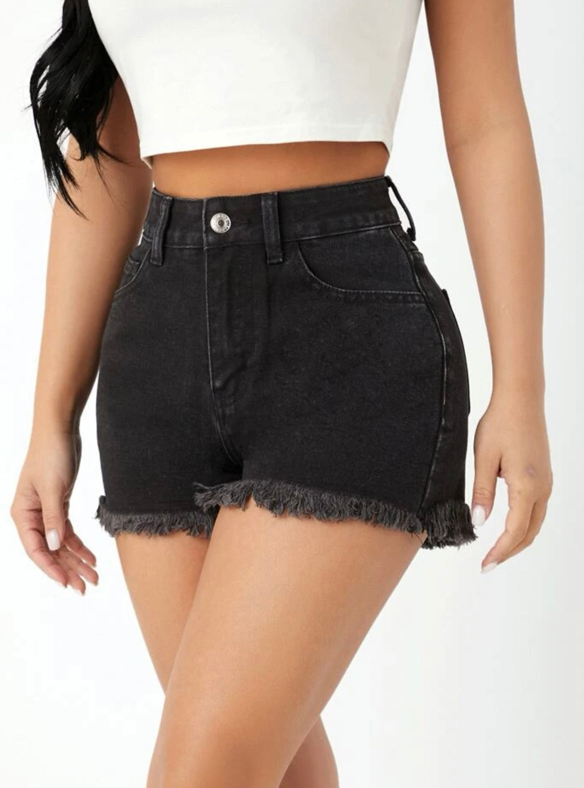 Petite butterfly embroidery raw hem denim shorts