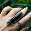Boho Black Onyx inspired floral accent statement ring. Size 7.