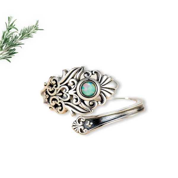 Sterling Silver Opal Spoon Ring - S925 Victorian Vintage Flower white Opal spoon ring. Adjustable in size.