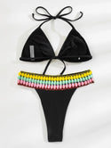 Colorful Pom-Pom decor halter bikini swimsuit