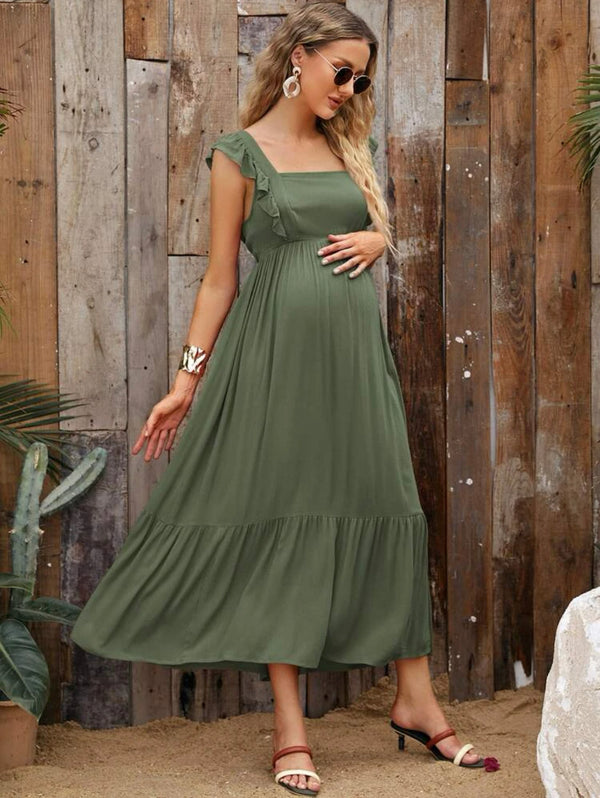 Maternity frill trim strap tied backless dress