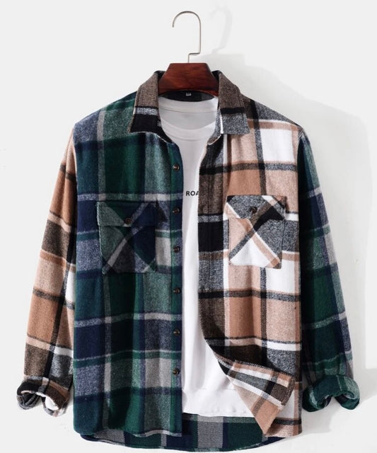 Men plaid flap pocket overcoat