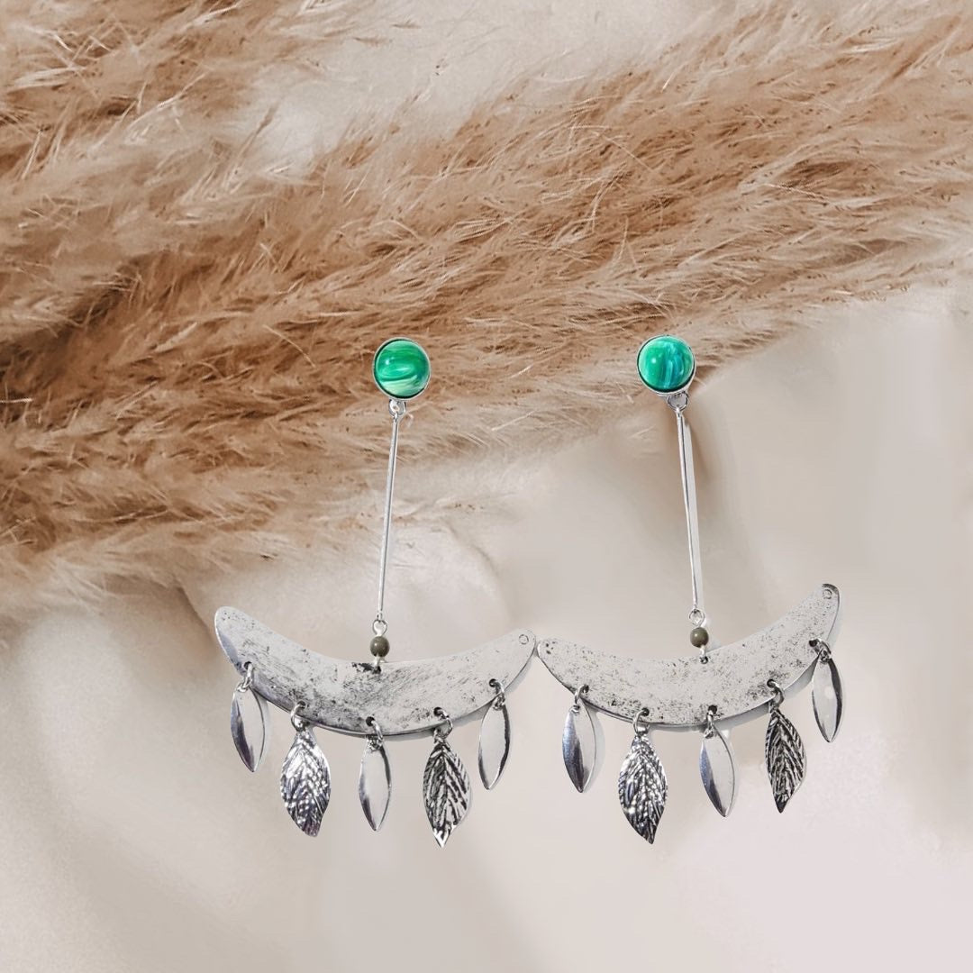 Lightweight, antique silver, eye catching, green, malachite inspired drop earrings