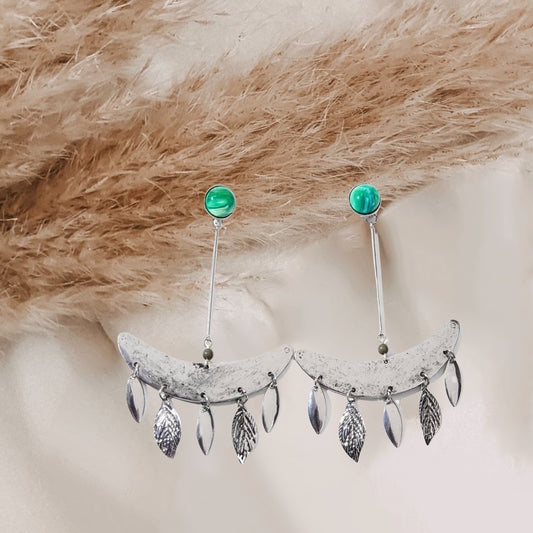 Lightweight, antique silver, eye catching, green, malachite inspired drop earrings