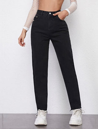 Black high waisted raw hem straight jeans