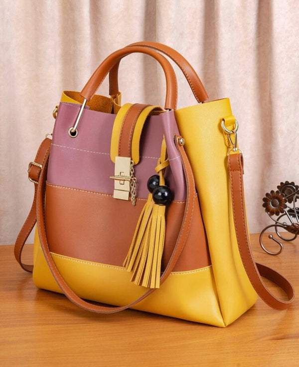 Color block tassel & bead decor top handle bag