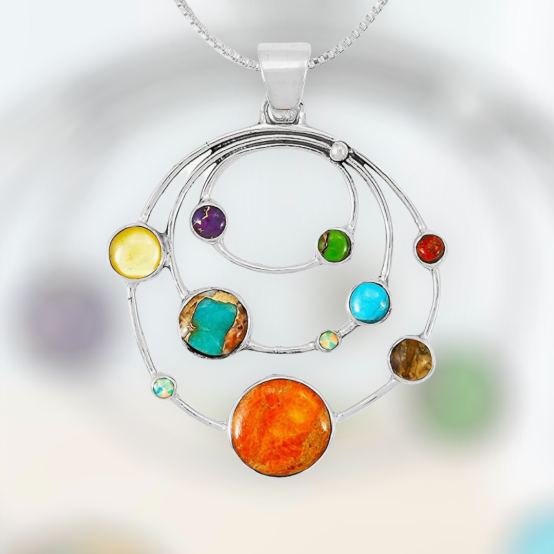 Planets Solar System Gemstone Pendant Necklace 20" in Sterling Silver 925 & Genuine Turquoise