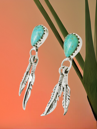 Turquoise Feather Earrings 925 Sterling Silver & Genuine Turquoise