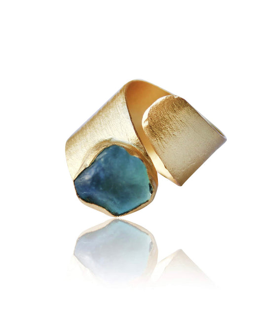 Handmade Adjustable Raw Gemstone Ring 18K Gold Plated Birthstone Hypoallergenic Jewelry (fluorite)