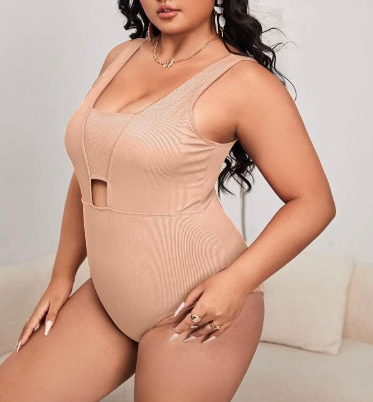 Plus Plain Rib Cut-out One Piece Swimsuit