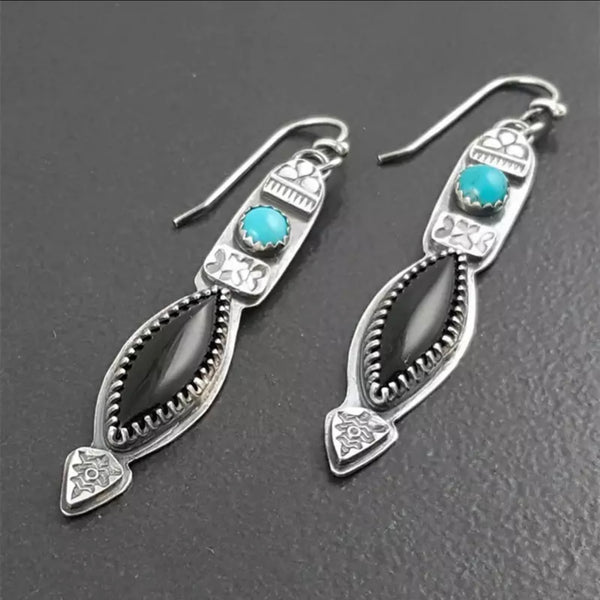 Long Metal Hand Inlaid Turquoise Boho Black Stone Statement Drop Earrings