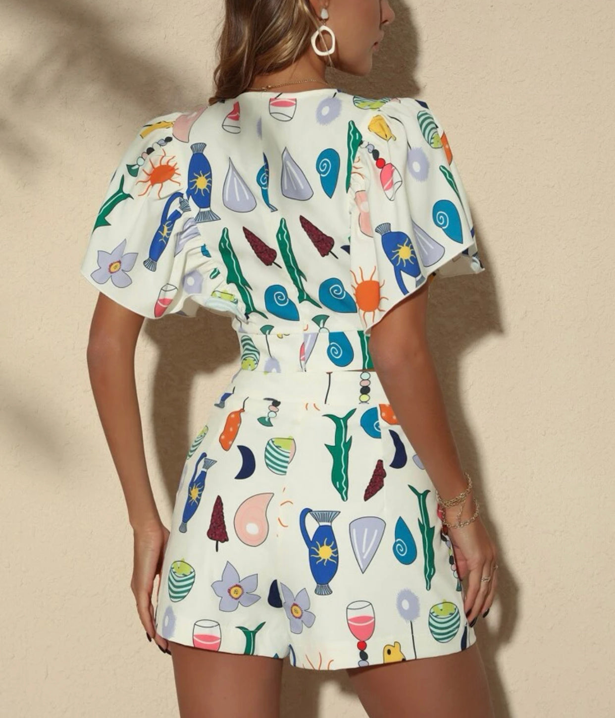 Sun & floral print flutter sleeve top and shorts set