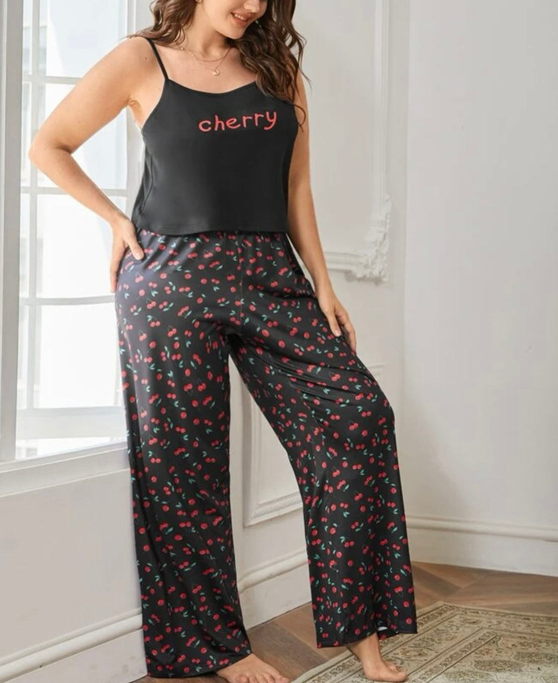 Plus letter graphic cami top & cherry print pants PJ set