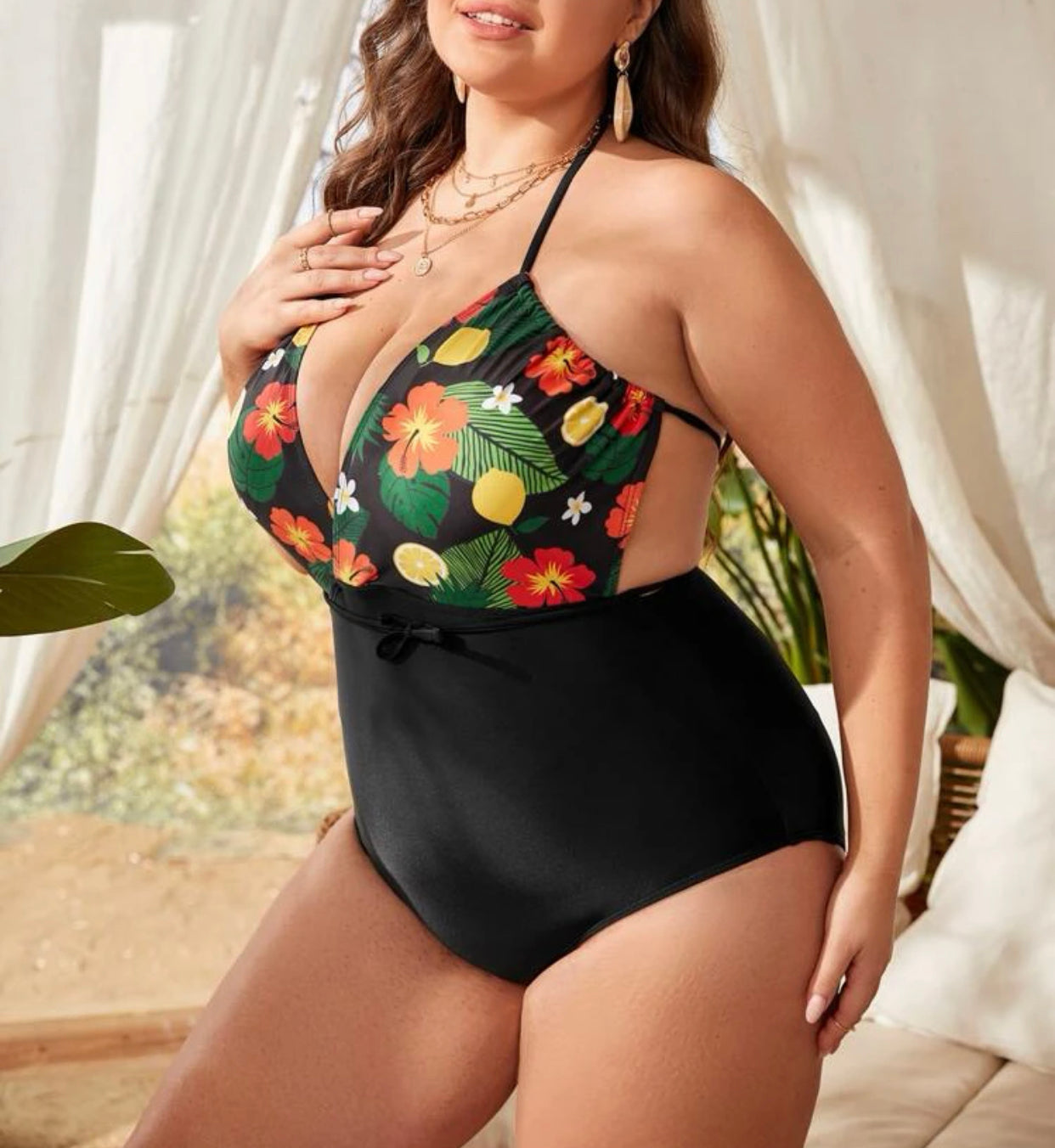 Curve and plus floral print cross back one piece swimsuit