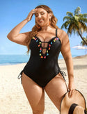 Curve & plus tassel cut out drawstring side one piece swimsuit