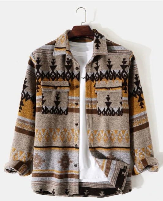 Men geo print flap pocket overcoat without tee