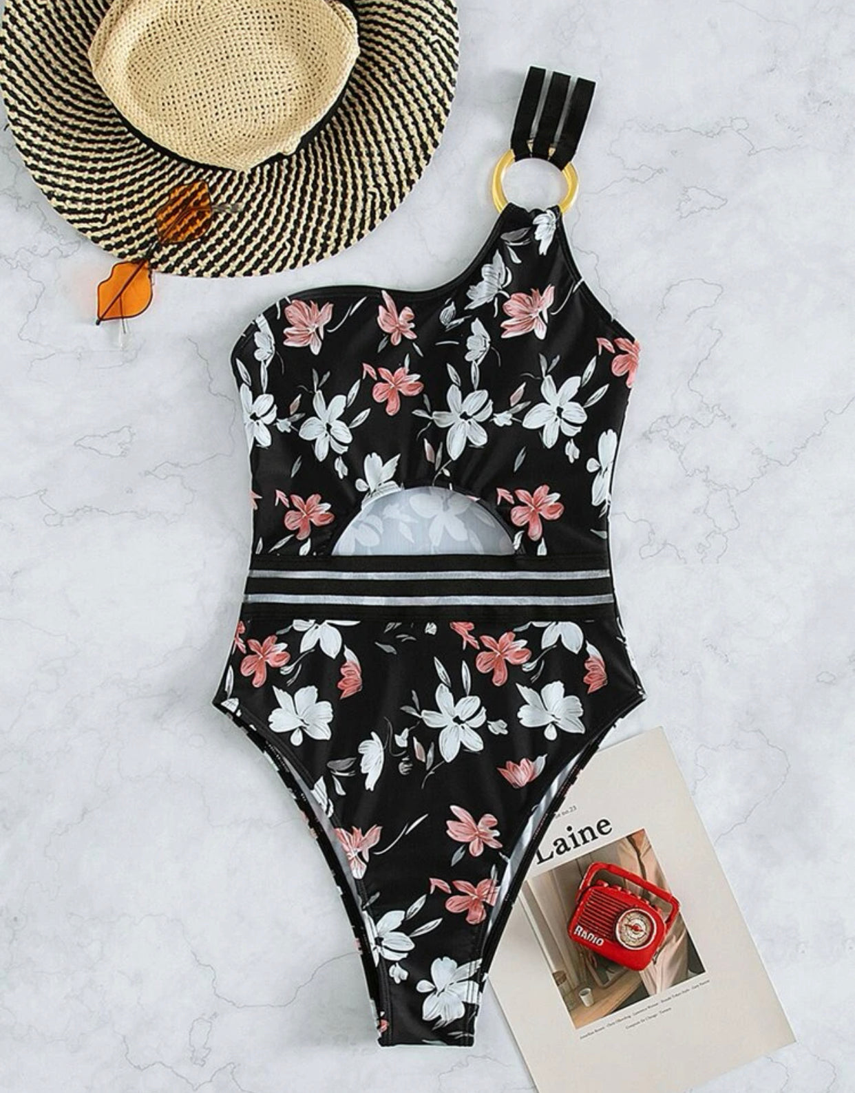 Floral ring linked contrast mesh one piece swimsuit