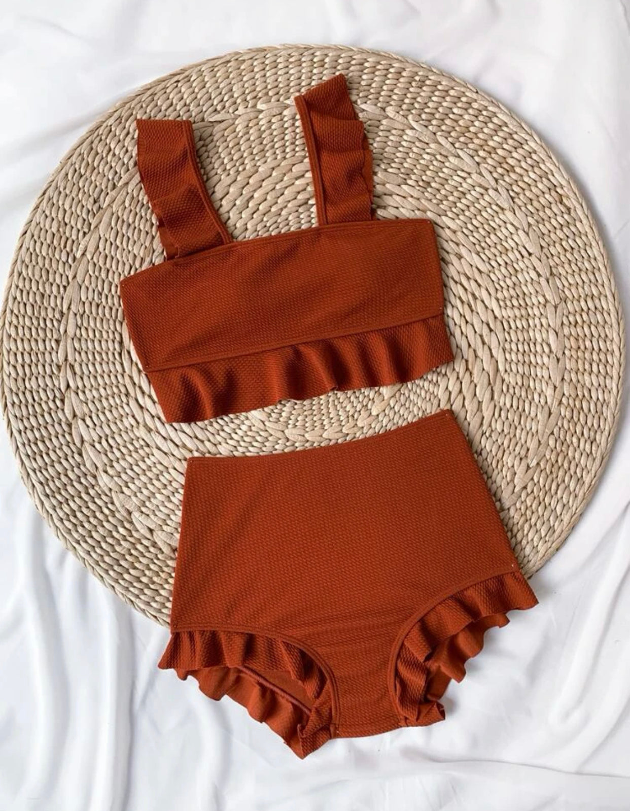 Rust brown ruffle trim high waisted bikini swimsuit