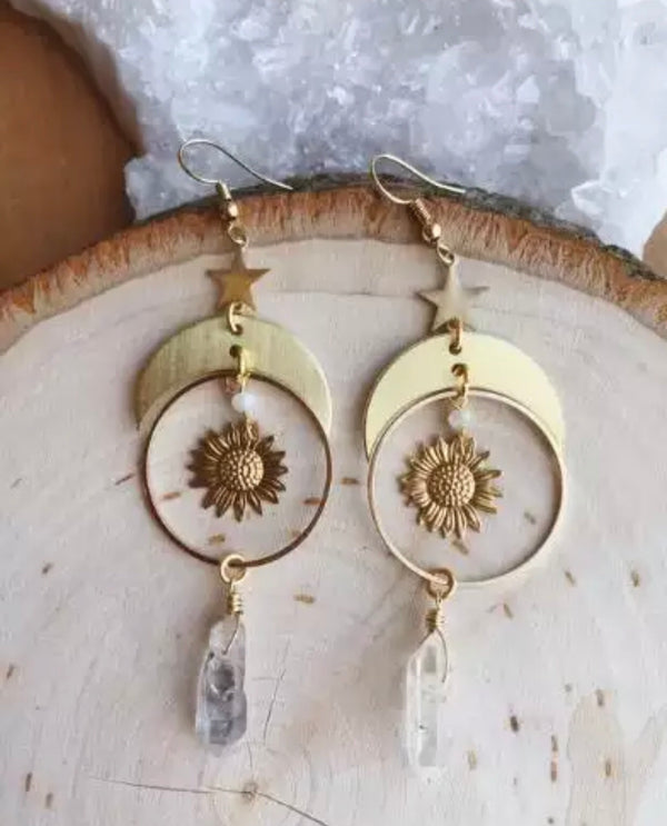 Handmade sunflower Dangle Drop Clear Quartz Crystal dangle earrings