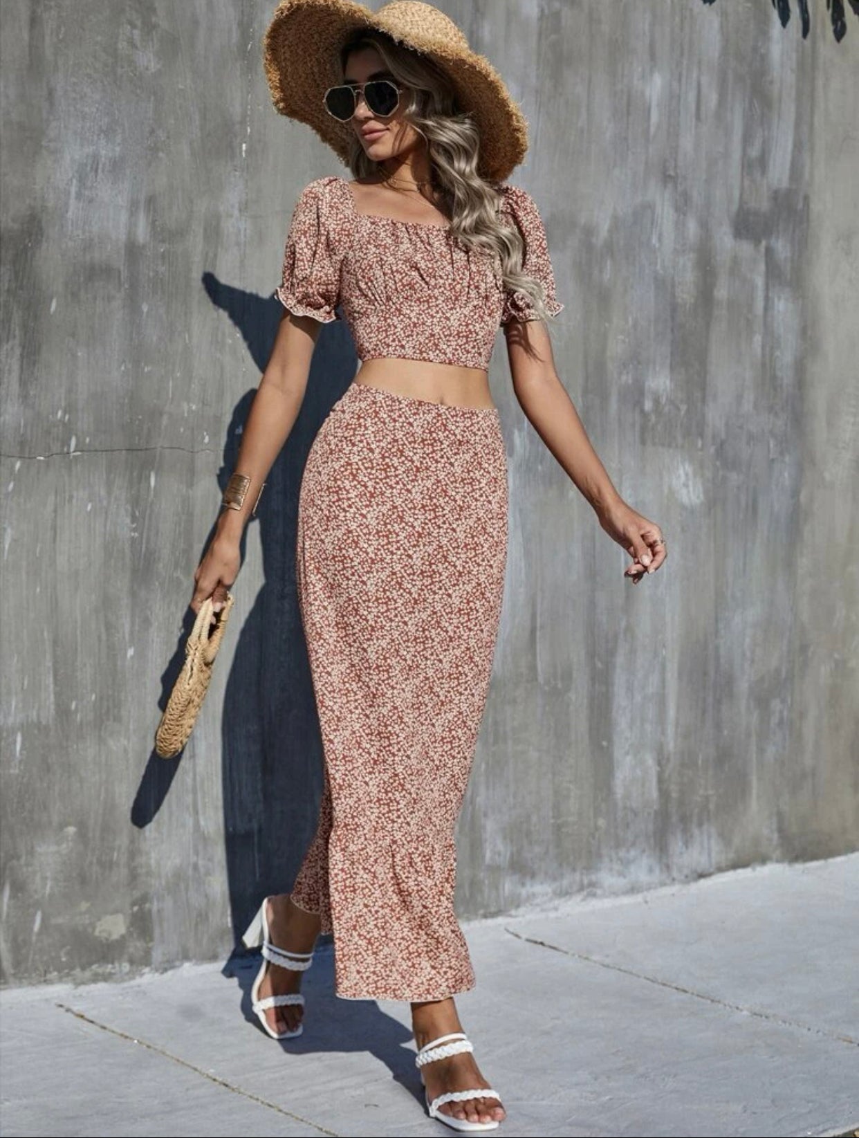 Ditsy floral shirred back ruched bust crop top & skirt set