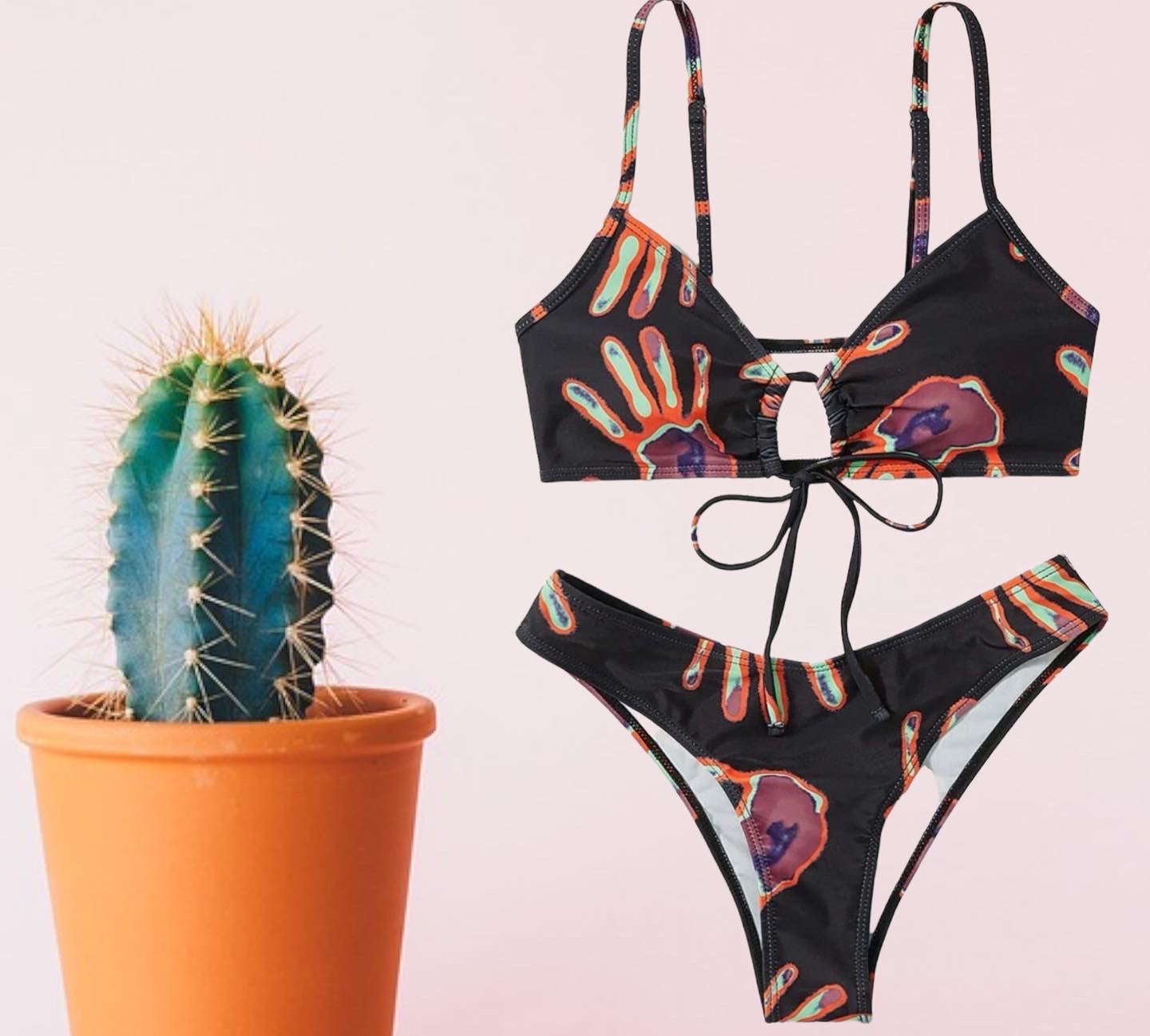 Street life hand print drawstring bikini swimsuit