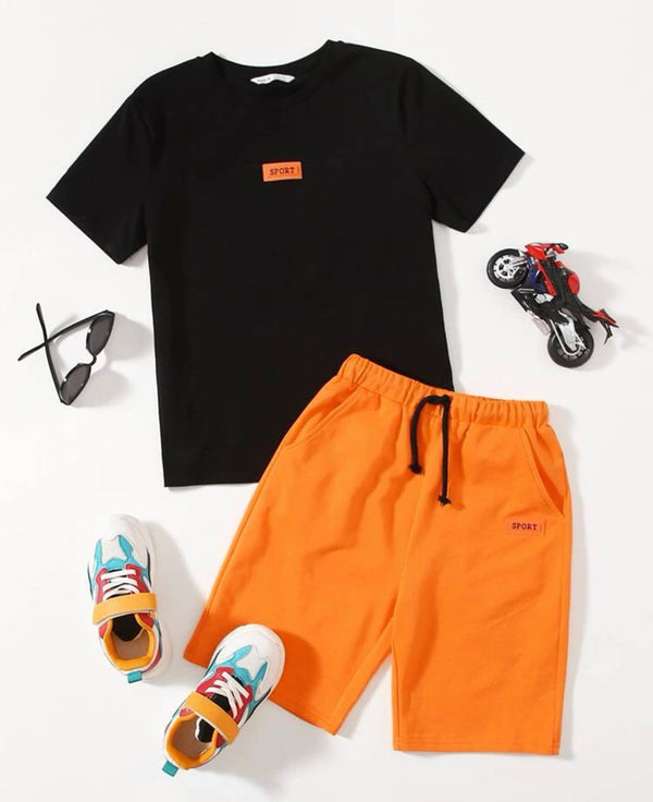 Boys Patched Detail Top & Neon Orange Shorts Set