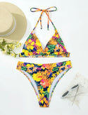 Floral print halter bikini swimsuit