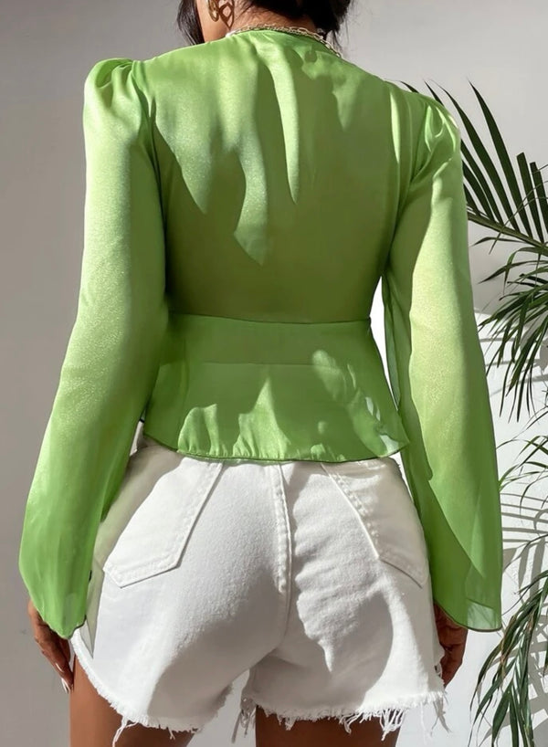 Petite knot front puff sleeve crop peplum blouse