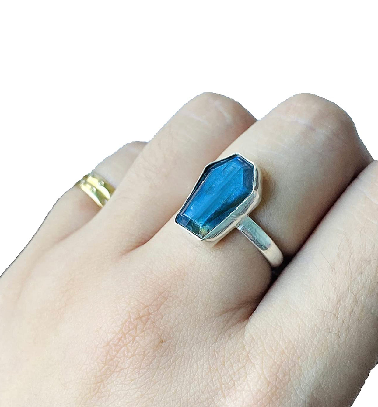 Labradorite Coffin Ring, Natural Multi Fire Gemstone Healing Crystal Jewelry, Adjustable Ring, Dainty Women Bezel Ring