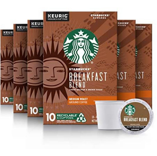 Starbucks Medium Roast K-Cup Coffee Pods — Breakfast Blend for Keurig Brewers — 6 boxes (60 pods total),10 Count (Pack of 6)