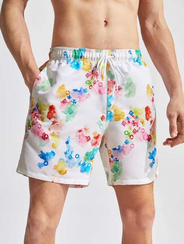 Men’s splash ink & geo print drawstring waist swim trunks