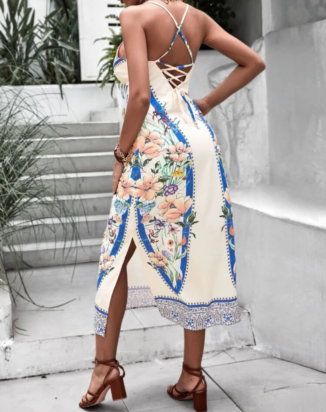 Floral print lace up cami dress