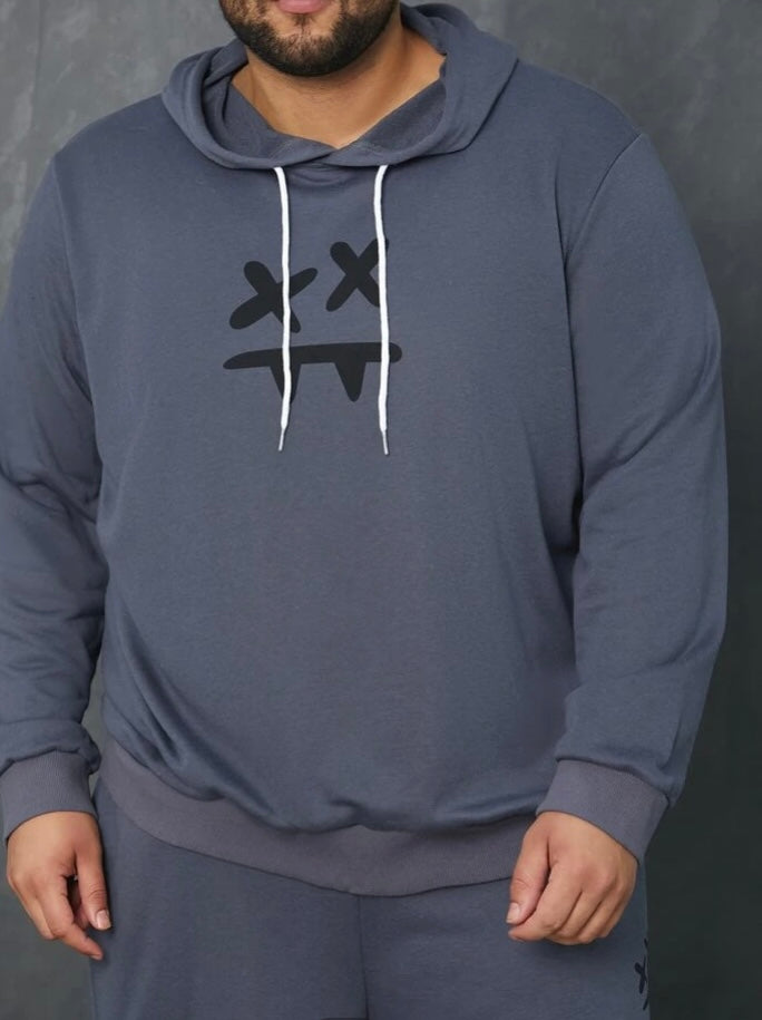 Extended Sizes Men Cartoon Face Print Drawstring Hoodie & Shorts