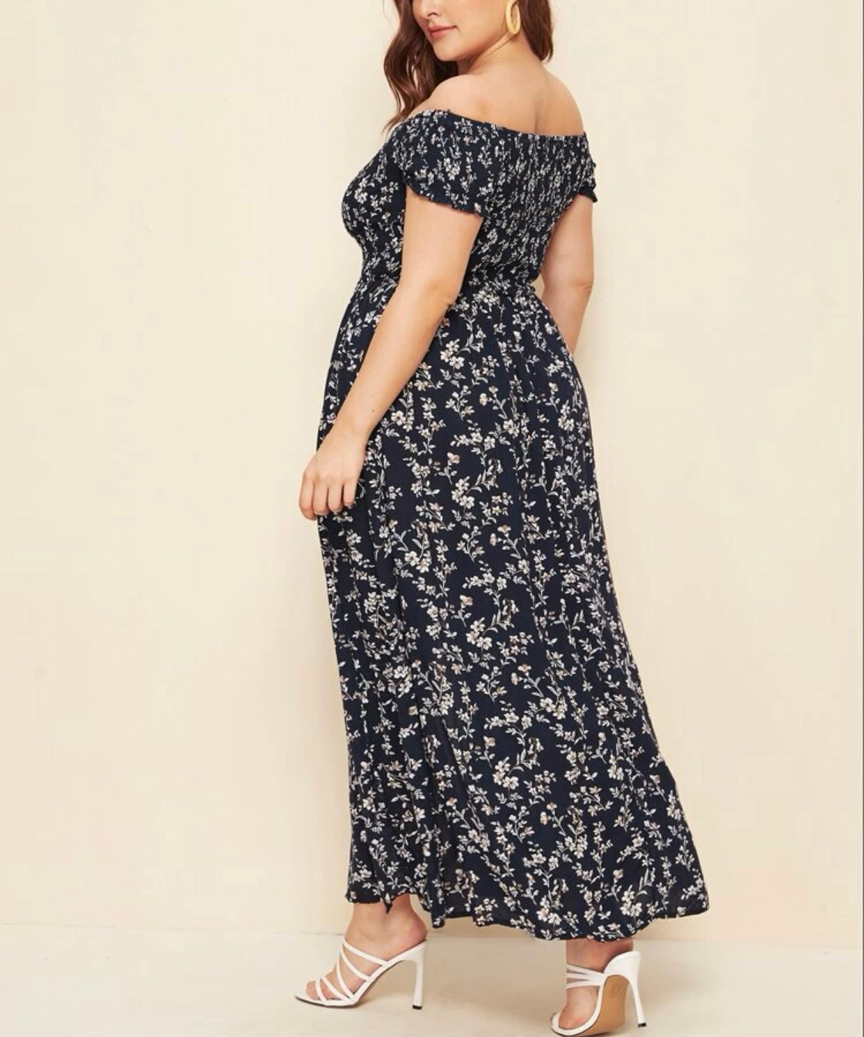 Curve & plus off shoulder shirred split ditsy floral dress