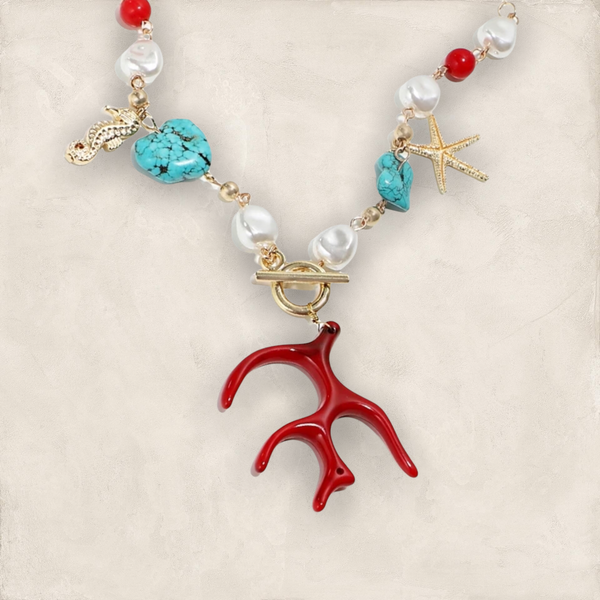 Stunning and unique coral, pearl and starfish pendant necklace
